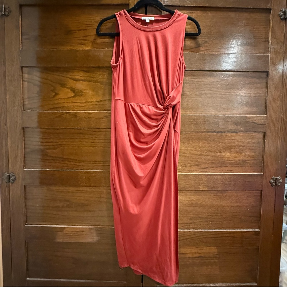 Nine Britton medium red Orange faux wrap knot dress midi bodycon tank sleeveless